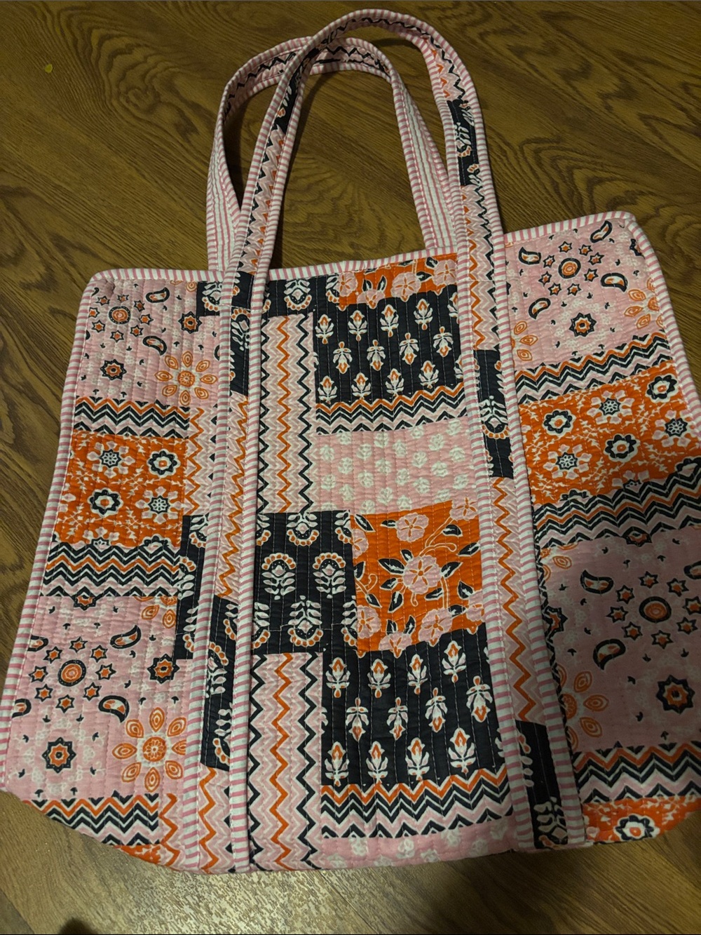 POL Quilted Patchwork Tote in Pink, Orange & Black